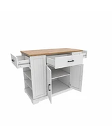 46.2'' Multi-Storage Kitchen Island with Rubber Wood Tabletop, Large Farmhouse Kitchen Cart with Adjustable Shelves and Drawers, Dinning Table Bar wit