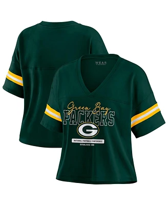 Wear by Erin Andrews Women's Green Green Bay Packers Color Block Boxy Modest Crop V-neck T-shirt