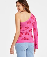 I.n.c. International Concepts Women's One-Shoulder Rose Jacquard Sweater, Exclusively at Macy's