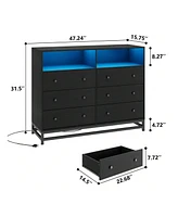 gaomon 6 Drawer Double Dresser Tv Stand, Bedroom With Power Outlet & Led Light, Wood For Room, Hallway, 47.2''W 15.8''D 36.2''H