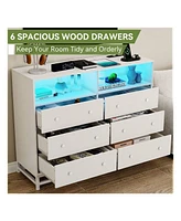 gaomon 6 Drawer Double Dresser Tv Stand, Bedroom With Power Outlet & Led Light, Wood For Room, Hallway, 47.2''W 15.8''D 36.2''H