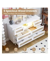 gaomon Natural Rattan Dresser For Bedroom With Led Light And Charging Station, 6 Drawer Double Dressers, Modern Wooden Dresser Chest