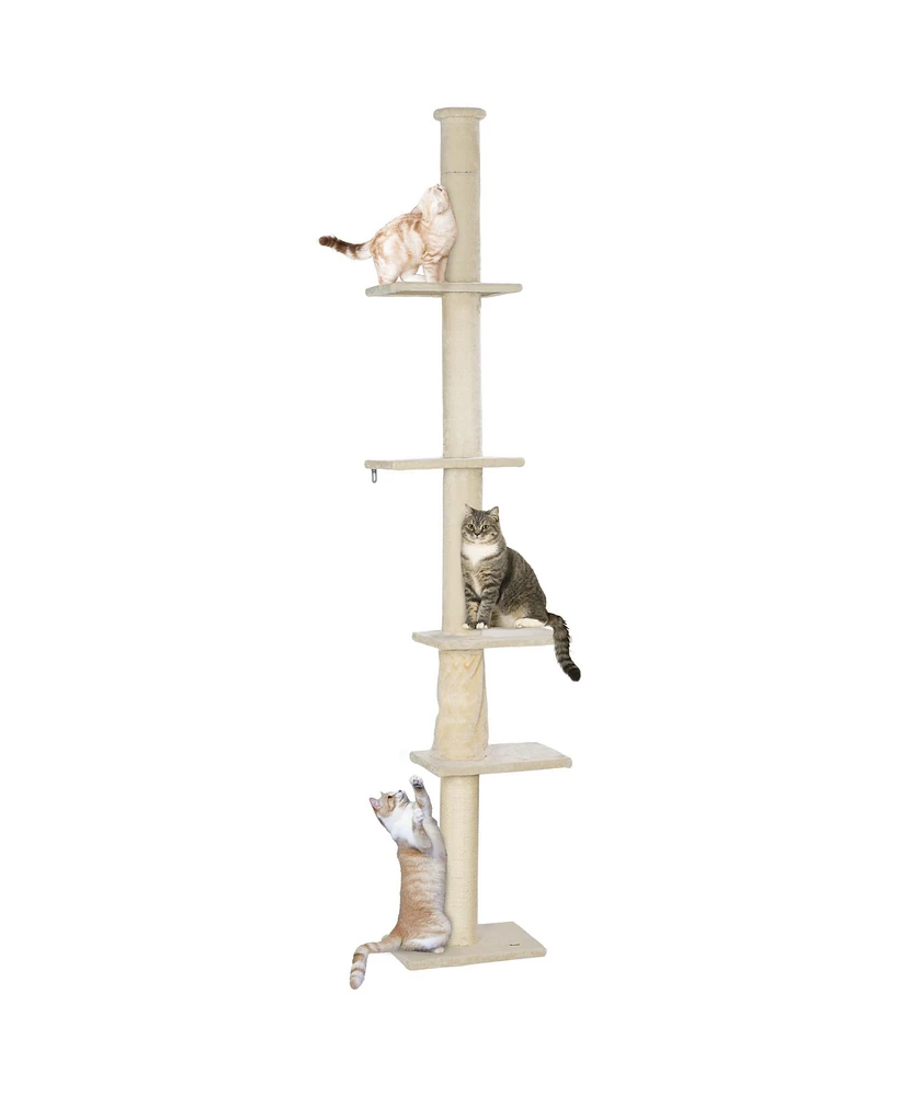 PawHut 89"-108" Floor to Ceiling Cat Tree with Scratching Post & Hand Crank