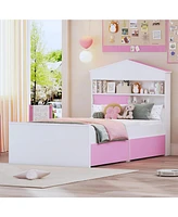 Twin Size House-Shaped Wooden Bed with Storage Shelf on the Headboard, Built-in Two Storage Drawers, Brown