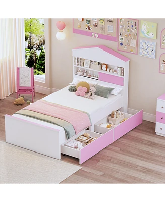 Streamdale Furniture Twin Size House-Shaped Wooden Bed with Storage Shelf on the Headboard, Built-in Two Storage Drawers, Pink