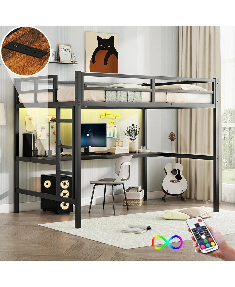 Streamdale Furniture Metal Full Size Loft Bed with Power Outlet and Led Lighted, Space-Saving, Noise Reduced, Black