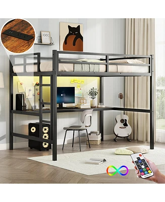 Streamdale Furniture Metal Full Size Loft Bed with Power Outlet and Led Lighted, Space-Saving, Noise Reduced, Black