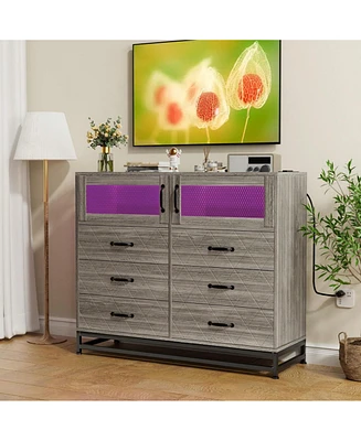 gaomon Dresser For Bedroom With Led Lights And Charging Station, 6 Drawer Double Dresser With 2 Shelves