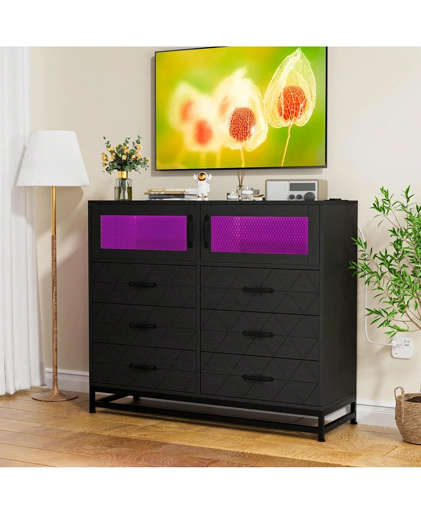 gaomon Dresser For Bedroom With Led Lights And Charging Station, 6 Drawer Double Dresser With 2 Shelves