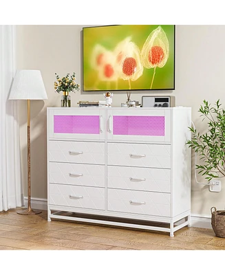 gaomon Dresser For Bedroom With Led Lights And Charging Station, 6 Drawer Double Dresser With 2 Shelves