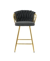 Modern design High stool Gold Plated legs Kitchen Dining Dark grey linen bar chair, suitable for Cafe Bar Restaurant (set of 2)