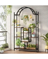 Tribesigns 74.8'' Arched Metal Flower Shelf with Hanging Hooks,5-Tier Tall Indoor Plant Stand