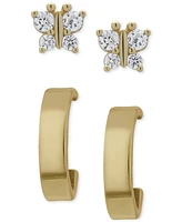 2-Pc. Set Lab Grown White Sapphire Butterfly Stud & Polished Half Hoop Earrings (3/8 ct. t.w.) in 14k Gold-Plated Sterling Silver