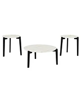 Living Room Coffee Table: Modern and stylish 24 inch round small coffee table, imitation marble tabletop with rubber wood solid wood legs, wooden coff