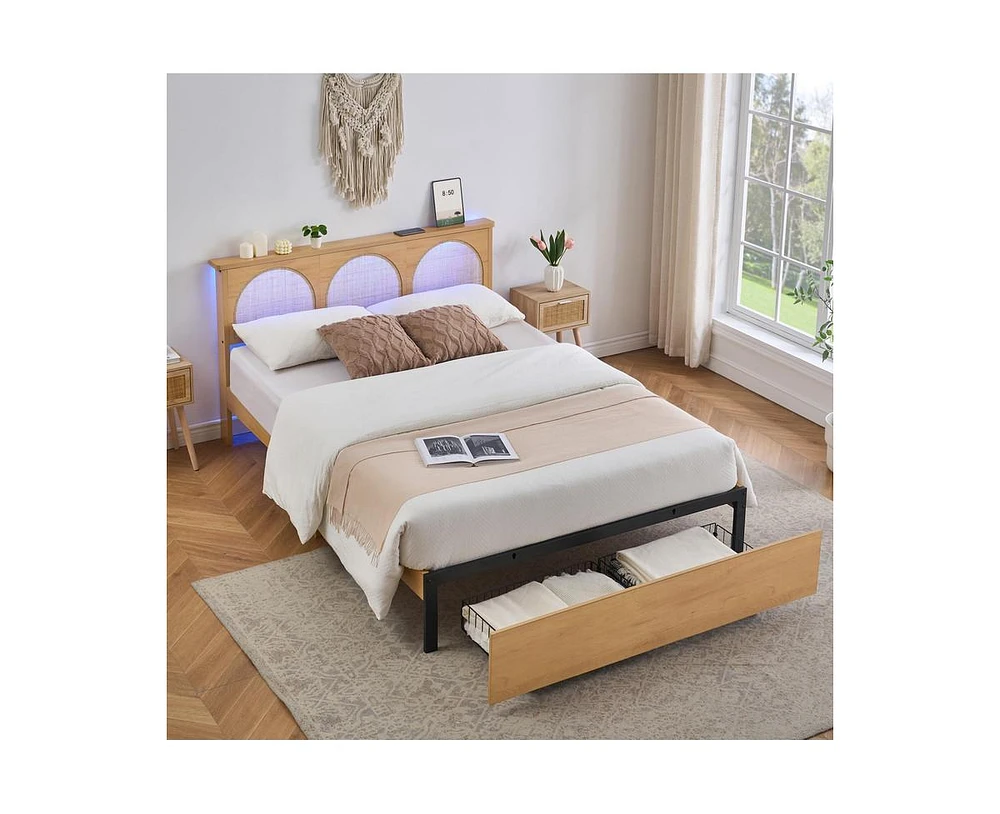 gaomon Rattan Bed Frame Queen with Natural Rattan Headboard and Storage Drawers, Queen Bed Frame with Led Strips and Strong Woode Slats Support