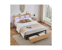 gaomon Rattan Bed Frame Queen with Natural Rattan Headboard and Storage Drawers, Queen Bed Frame with Led Strips and Strong Woode Slats Support