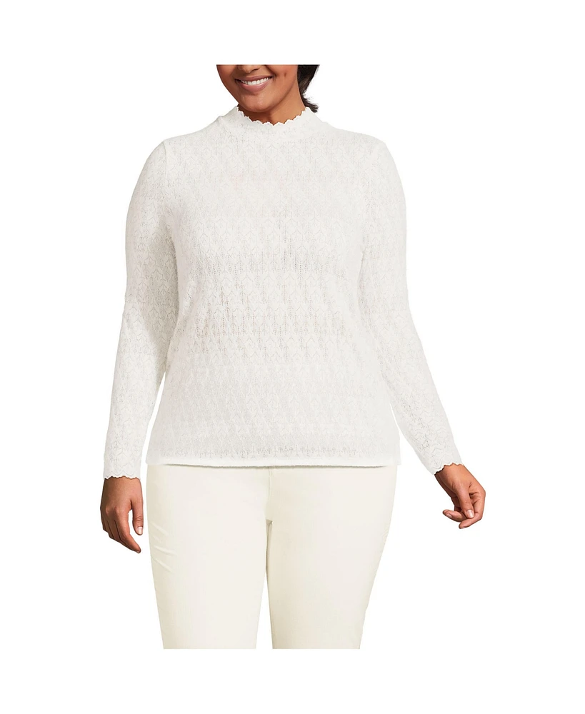 Lands' End Plus Long Sleeve Brushed Lace Mock Neck Top
