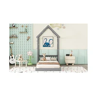 Slickblue Twin House-Shaped Roof Headboard Floor Bed (Without Slats) - Charming and Playful Design for Kids' Bedrooms