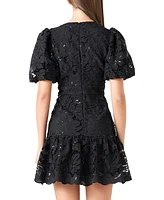 endless rose Women's Sequin Open-Lace Puff-Sleeve Mini Dress