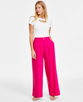 I.n.c. International Concepts Petite Linen-Blend High-Rise Pleated Wide-Leg Pants