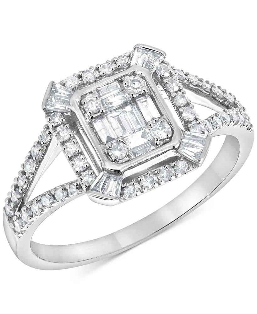 Diamond Round & Baguette Halo Cluster Ring (3/8 ct. t.w.) in 14k White Gold