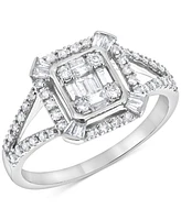 Diamond Round & Baguette Halo Cluster Ring (3/8 ct. t.w.) in 14k White Gold