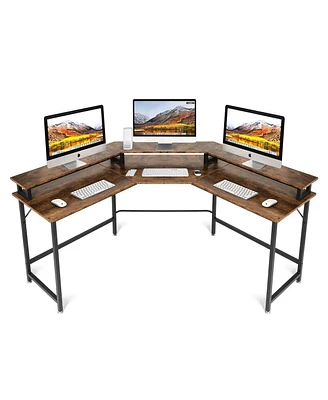 Slickblue Sturdy W Shaped Corner Computer Desk with Monitor Stand for Home Office