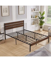 Slickblue Queen Size Bed Frame with Wood Headboard, Metal Frame with Strong Slats, Noise Free,No Box Spring Needed