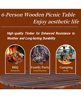 Slickblue Outdoor 6-Person Round Picnic Table with 3 Built-In Benches – Umbrella Hole, Ideal for Garden, Backyard, Porch
