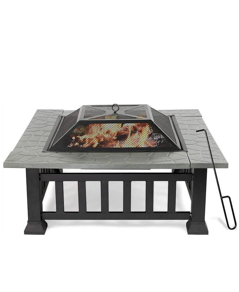 Slickblue 32-Inch Square Fire Pit Table - Wood-Burning Grill with Poker, Lid, and Rain Cover