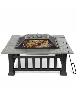 Slickblue 32-Inch Square Fire Pit Table - Wood-Burning Grill with Poker, Lid, and Rain Cover