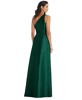 Alfred Sung Plus Draped One-Shoulder Satin Maxi Dress with Pockets