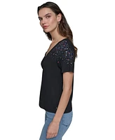 Karl Lagerfeld Paris Women's Embellished V-Neck T-Shirt