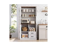 gaomon Modern Kitchen Pantry Cabinet with Microwave Stand, Tall Hutch Bar Cabinet with Drawers & Adjustable Shelves