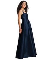 Alfred Sung Women's Boned Corset Closed-Back Satin Gown with Full Skirt and Pockets