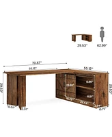 Tribesigns 70.9-Inch Executive Desk, L-Shaped Desk with 55.1-Inch Storage Cabinet, Mid-Century Farmhouse Office Desk Computer Desk with Sliding Door,