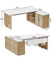 Tribesigns 74.8" Executive Desk, Large Office Desk with Cabinet, L Shaped Computer Desk with Shelves and Cpu Storage, Modern Home Office Desk Business