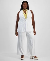 Bar Iii Trendy Plus Size Single Button Collared Vest Cowl Neck Cutout Sleeveless Top Grommet Belt Wide Leg Pants Exclusively At Macys