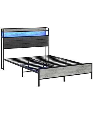 Homcom Led Full Size Bed Frame with Headboard Charging Station, Cement