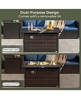 Sugift 45 Inch Propane Rattan Firepit Table with Glass Stones and Protective Cover-Mixed Brown