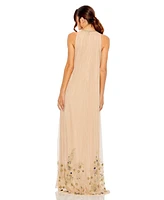 Mac Duggal Women's High Neck Floral Embellished Trapeze Gown