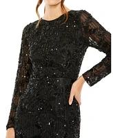 Mac Duggal Women's High Neck Long Sleeve Embellished Dress