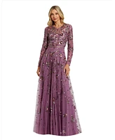 Mac Duggal Women's Long Sleeve High Neck Beaded Gown