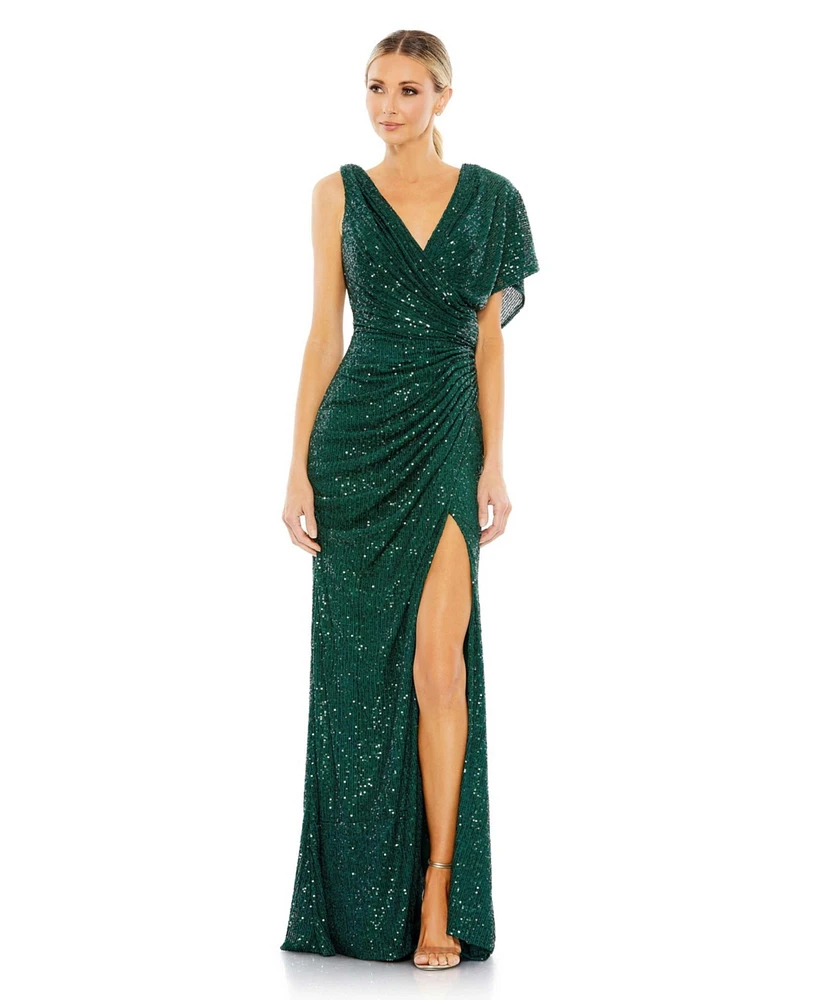 Mac Duggal Women's Sequined Asymmetrical Draped Trumpet Gown