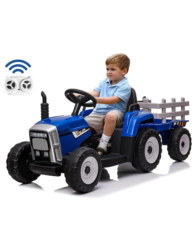 Slickblue 12V Kids Electric Tractor Battery-Powered Ride-On Toy with Detachable Large Trailer for Ages 3+