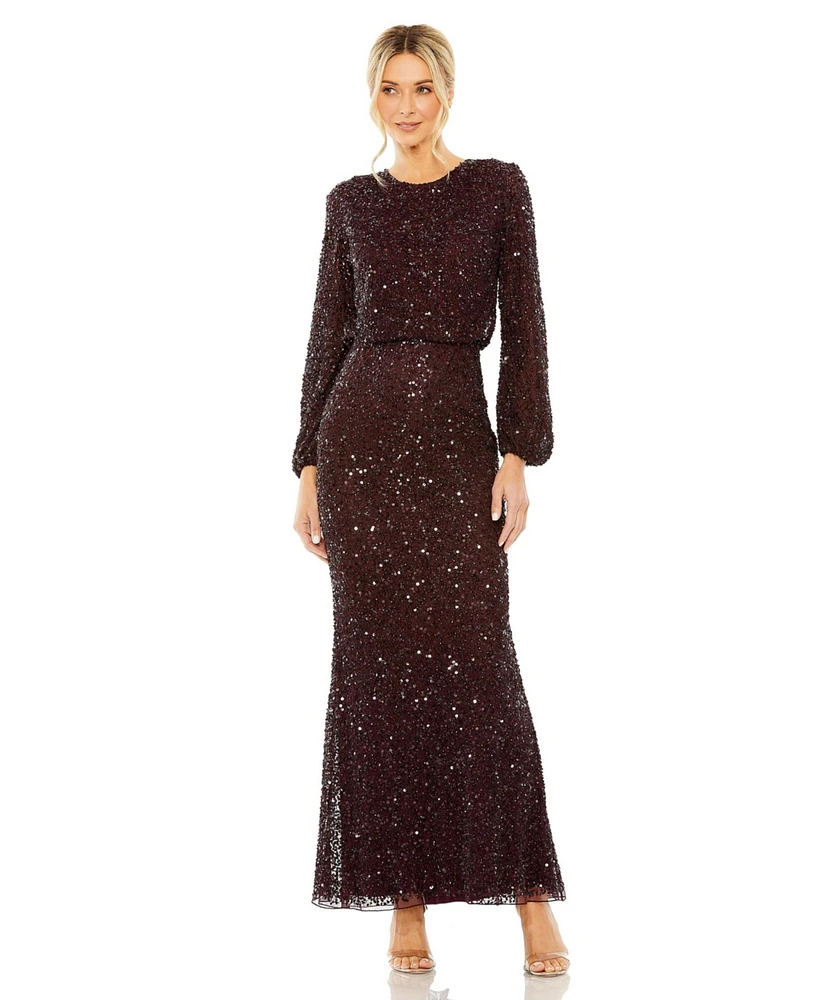 Mac Duggal Women's High Neck Long Sleeve Beaded Blouson Gown