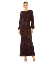 Mac Duggal Women's High Neck Long Sleeve Beaded Blouson Gown