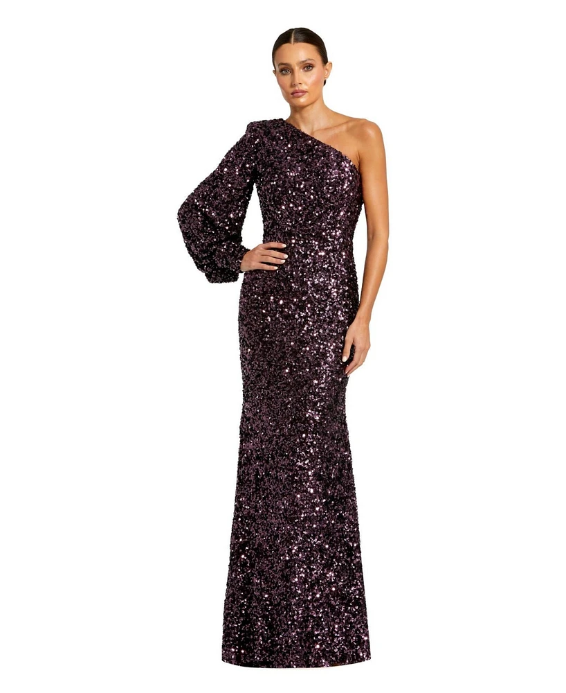 Mac Duggal Women's Sequined One Shoulder Bishop Sleeve Trumpet Gown