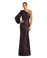 Mac Duggal Women's Sequined One Shoulder Bishop Sleeve Trumpet Gown