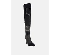 London Rag Eilish Rhinestones Knee High Denim Boots